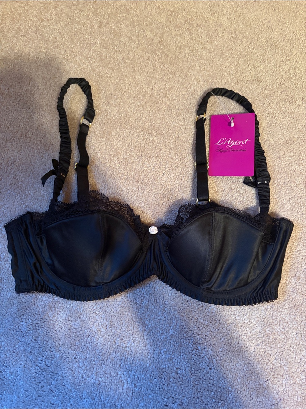 Agent Provocateur Black Satin and Lace Balconette Bra